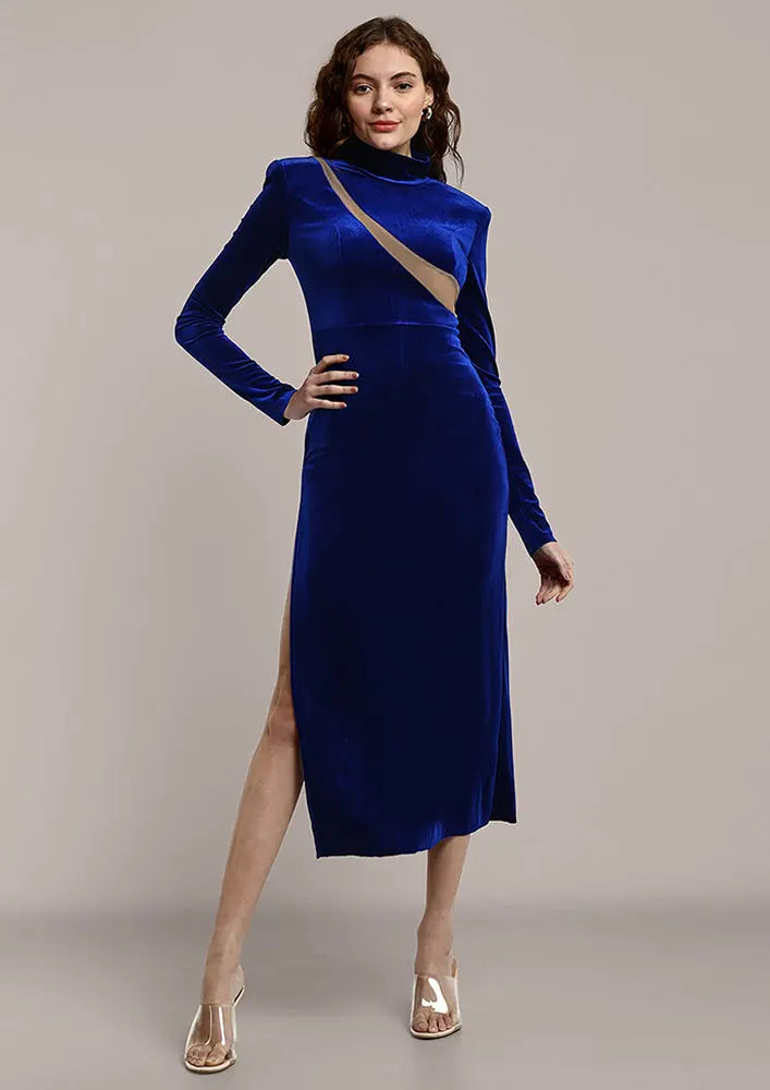 Solid Deep Blue High Neck Velvet Dress – IKI CHIC