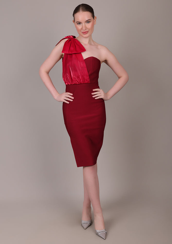 Red One-Shoulder Bodycon Midi Dress - IKI CHIC Red One-Shoulder Bodycon Midi Dress - IKI CHIC