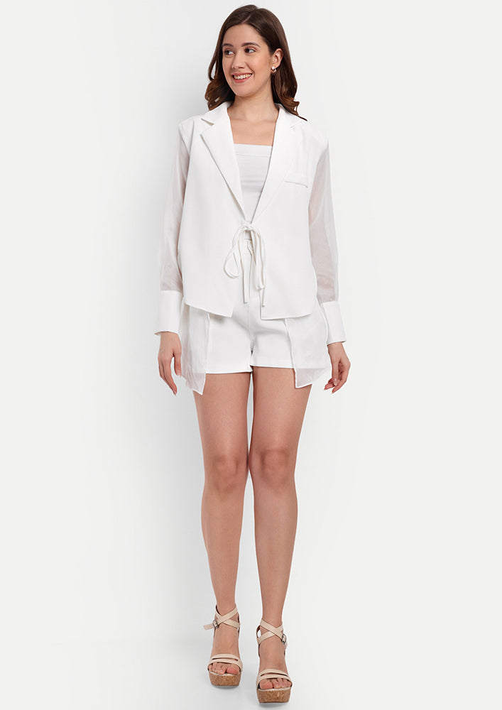 White Tie-Up Blazer With Organza Detailing And High-Waisted Shorts