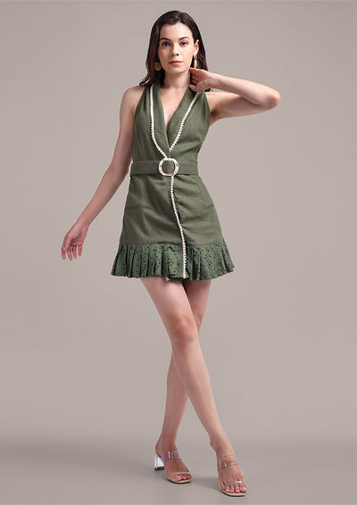 Green Collared Sleeveless Mini Dress with a Buckle Belt