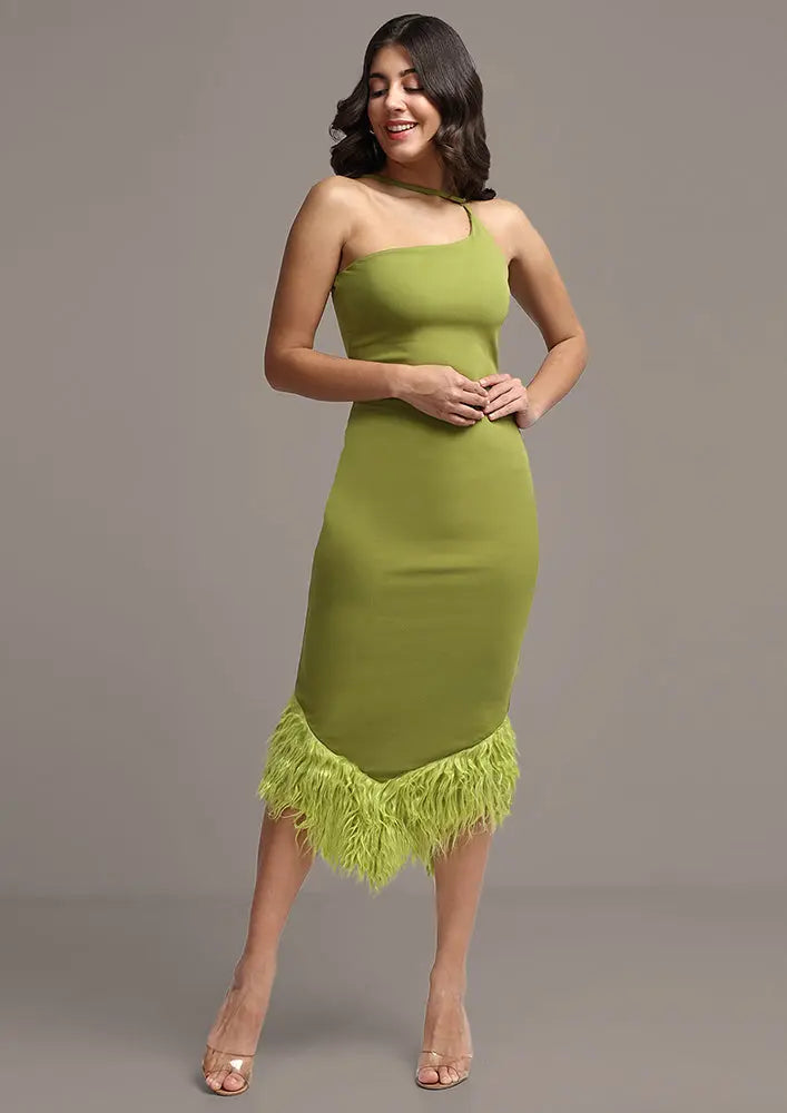 Blue Denim Asymmetrical Green Feather Trim Skirt