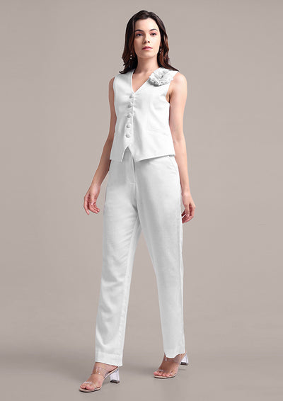 White Sleeveless Front Button-Up Vest With High Waisted Pants
