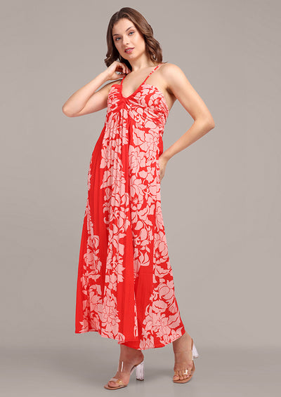 Red Floral Pleated Halterneck Maxi Dress