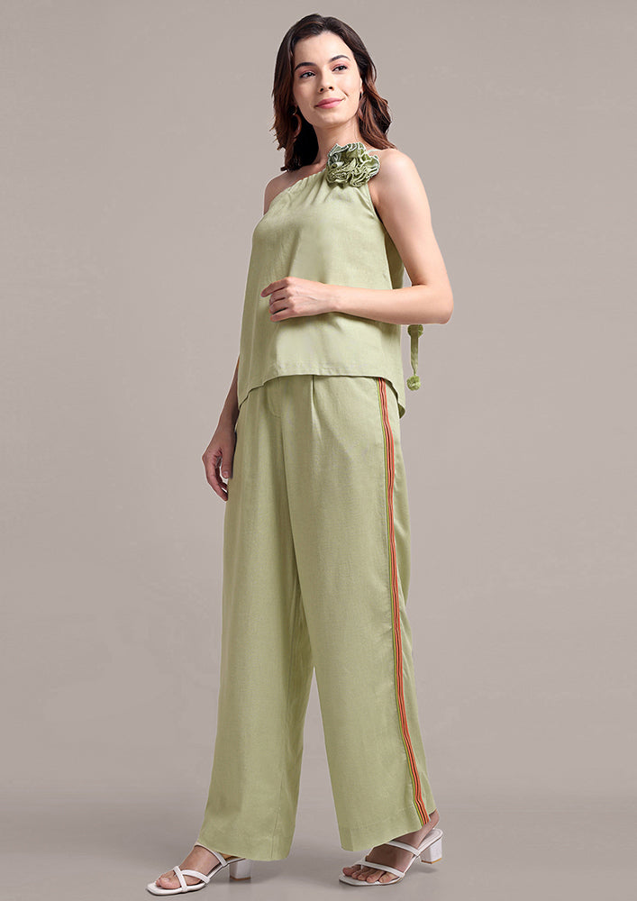 Pastel Green Tie Up Top With High Waisted Side Striped Pants