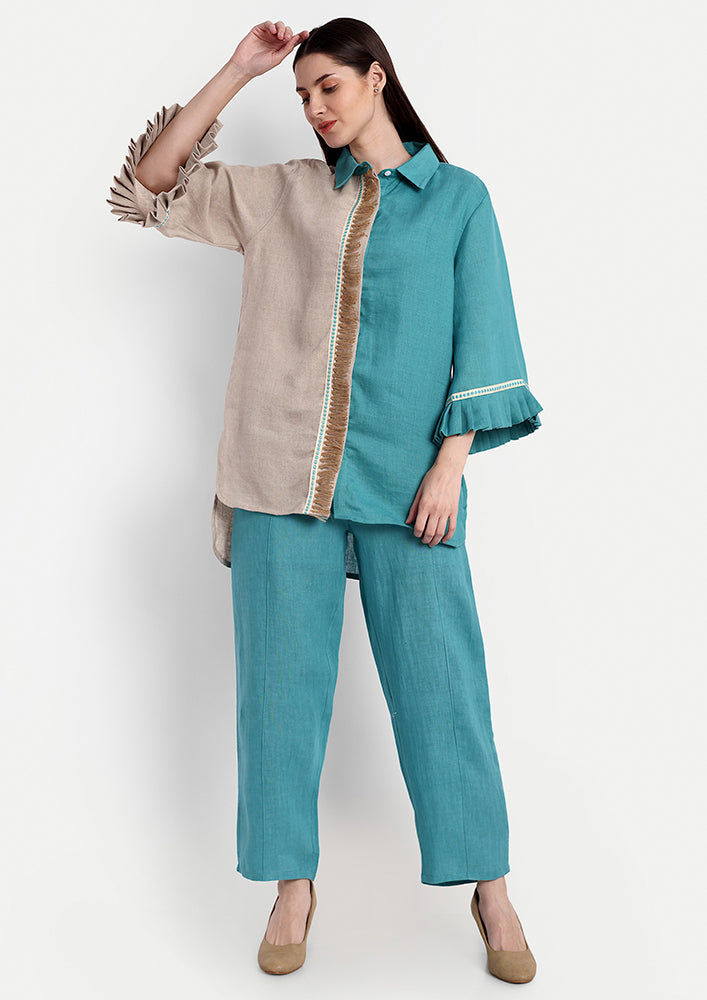 Colorblock Linen High-low Shirt With Straight Pants Set