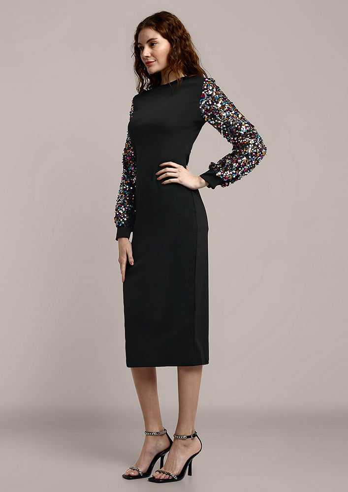 Black Bodycon Dress With Multicoloured Sequin Embellished Sleeves