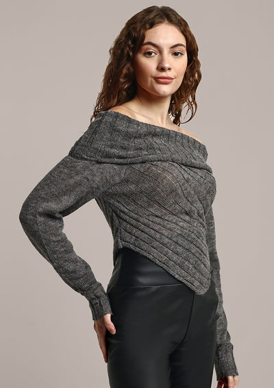 Grey Off-Shoulder Hanky Hem Sweater