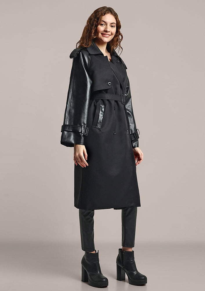 Black Oversized Trench Coat With Leather Sleeves