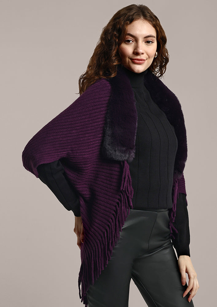 Purple Knitted Fur Collar Cape