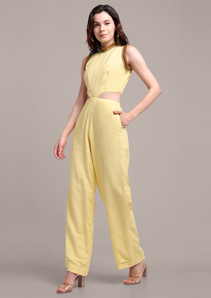 Yellow Halterneck Cut Out Design Sleeveless Linen Jumpsuit