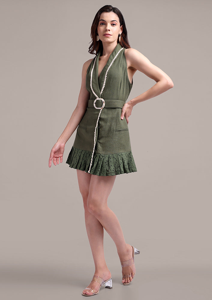 Green Collared Sleeveless Mini Dress with a Buckle Belt