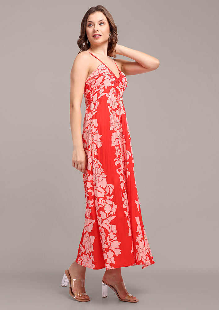 Red Floral Pleated Halterneck Maxi Dress