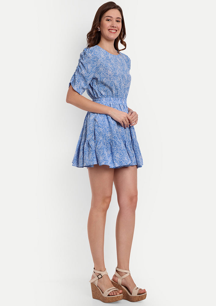 Blue Printed Romper With An Elasticated Waist And Ruffle Detailing