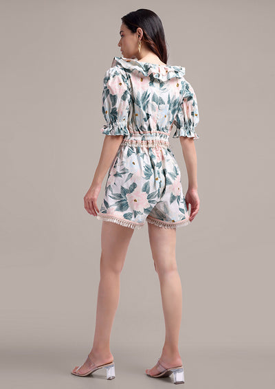 Floral Print V- Neck Puffed Sleeves Romper