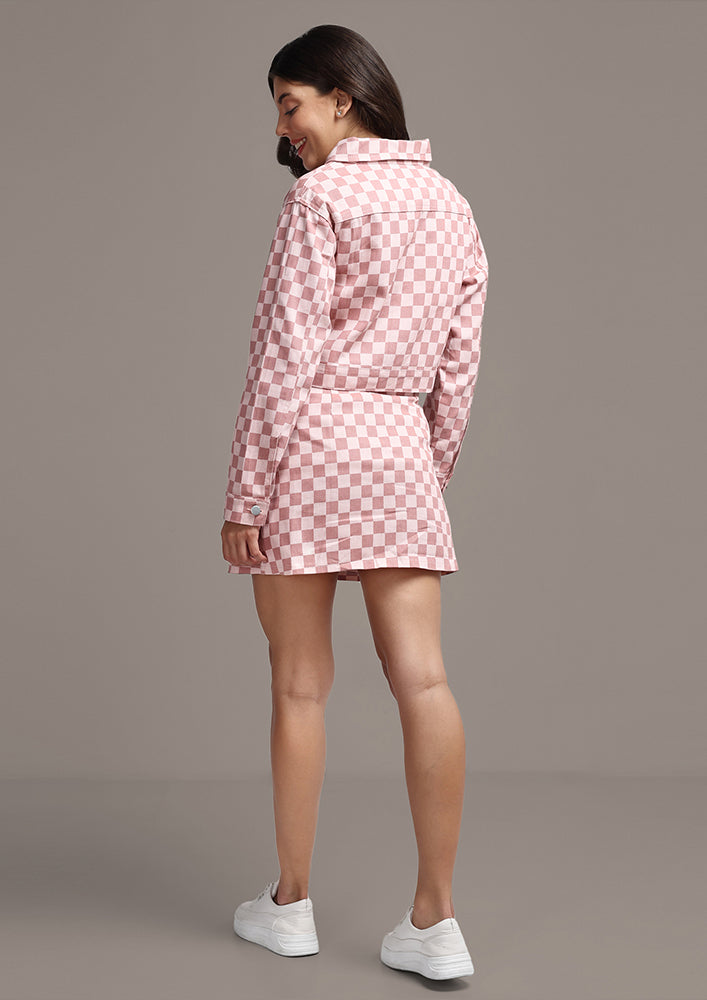 Pink Check Print Crop Jacket And Skirt Co-ord Set
