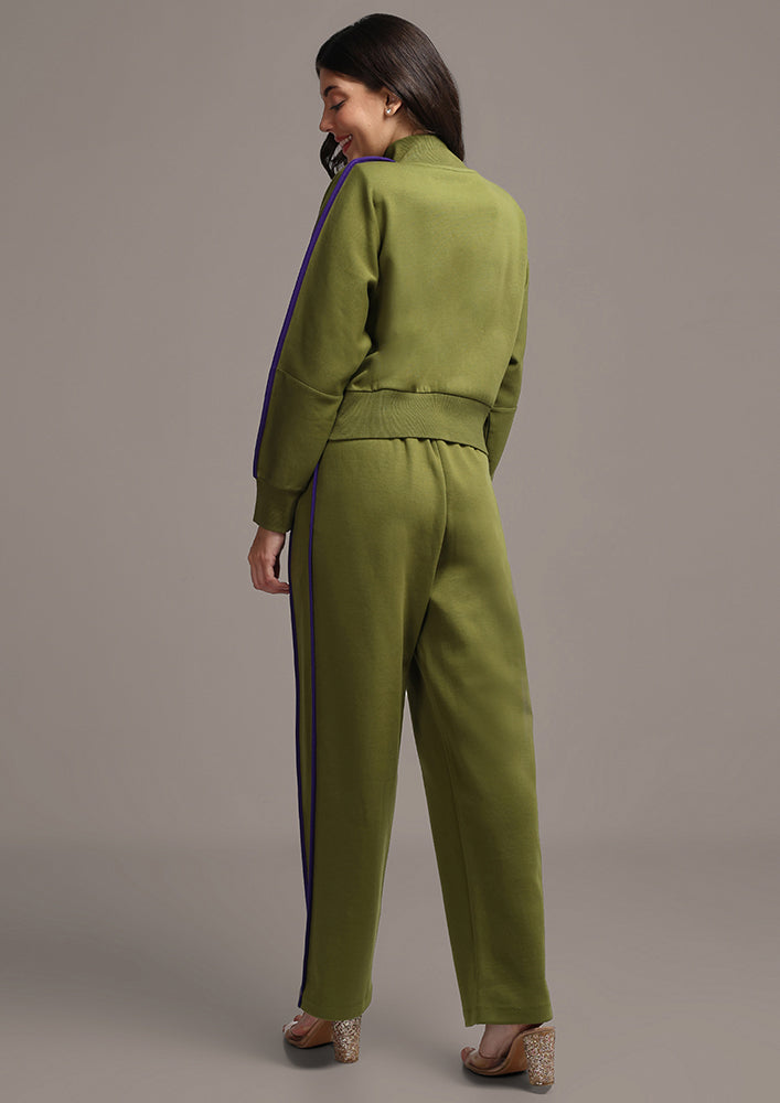 Olive Green Colorblock Jacket with Straight Leg Pants Set