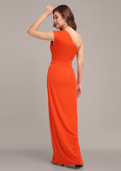 Orange One Shoulder Bodycon Long Dress With slit