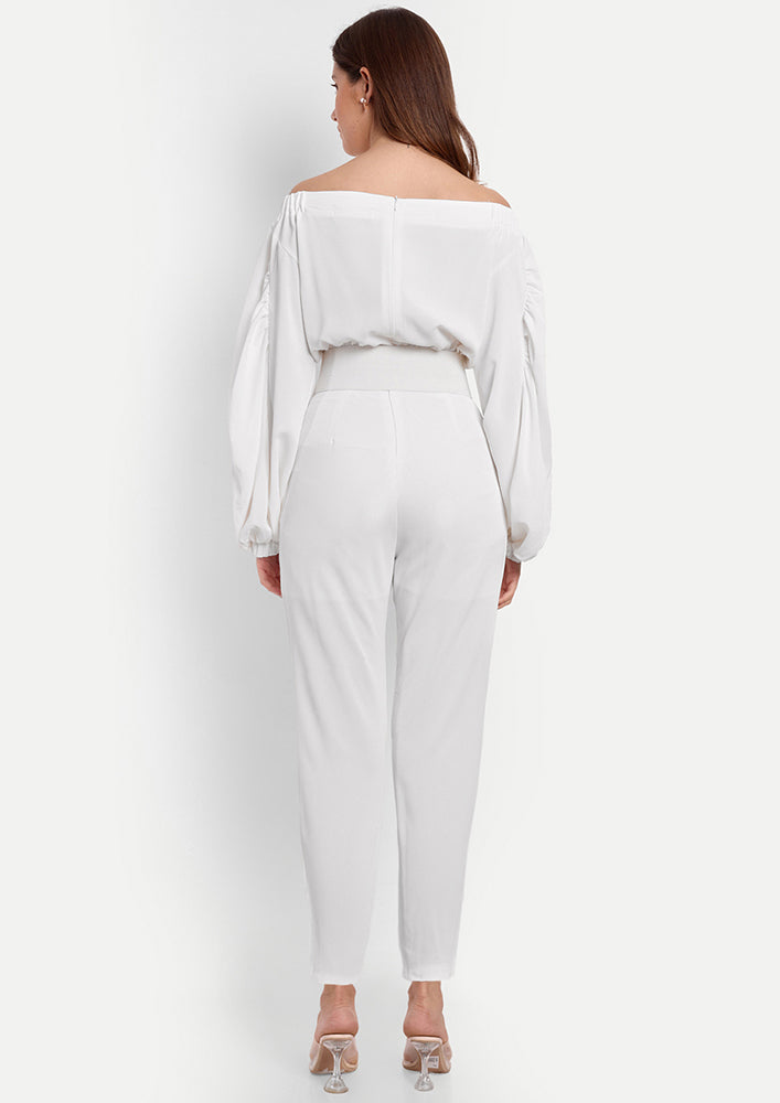 White Straight Legged Jumpsuit With An Elasticated Boat Neckline