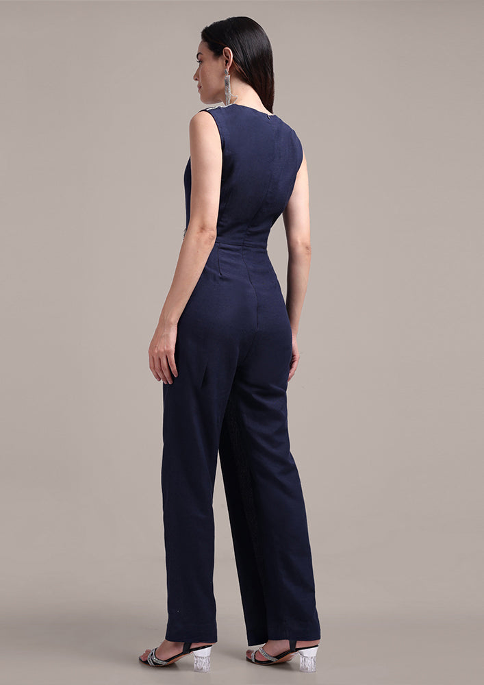 Blue Linen Flap Jumpsuit With Swarovski Detailing