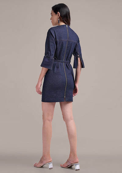 Blue Denim Mini Dress With a Stylish Side Flap Belt
