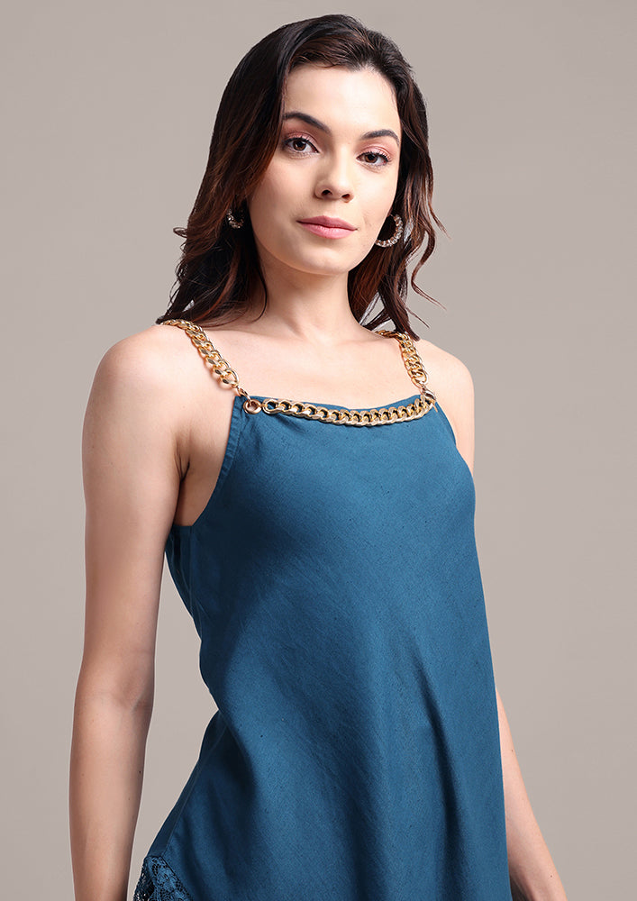 Teal Blue Asymmetric Chain Strapped Top With High Waisted Pants