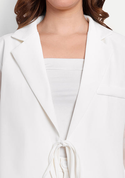 White Tie-Up Blazer With Organza Detailing And High-Waisted Shorts