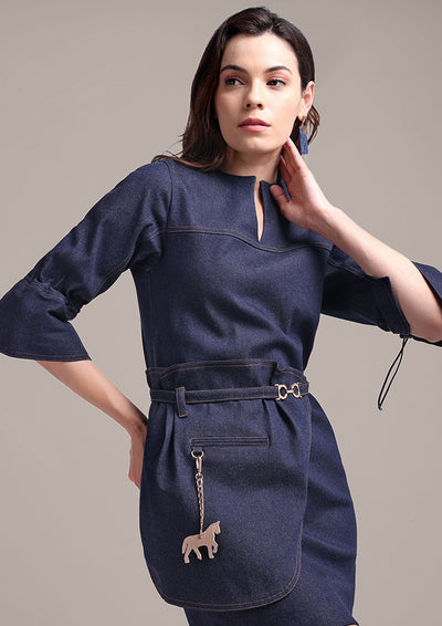 Blue Denim Mini Dress With a Stylish Side Flap Belt