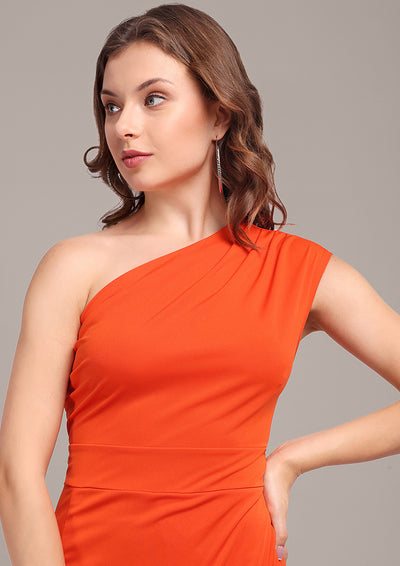 Orange One Shoulder Bodycon Long Dress With slit