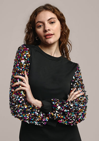 Black Bodycon Dress With Multicoloured Sequin Embellished Sleeves