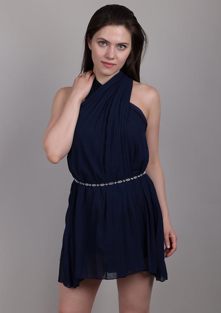 Navy Blue Printed Georgette Dress