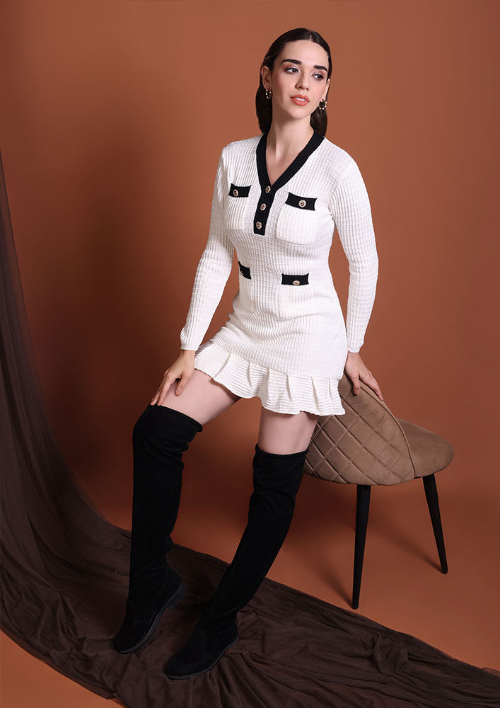 Ivory Mini Dress with Contrast Trim & Gold Buttons  IKI CHIC