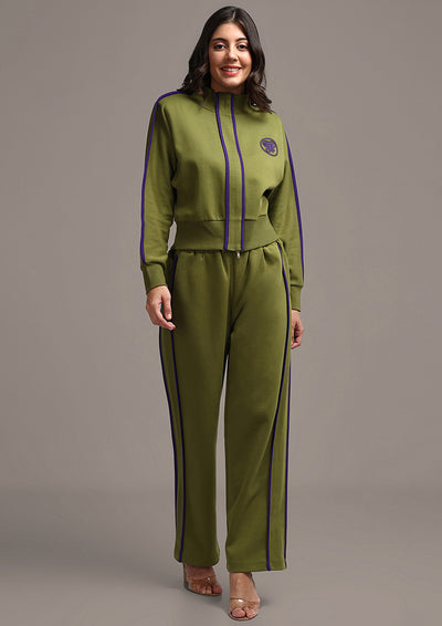 Olive Green Colorblock Jacket with Straight Leg Pants Set