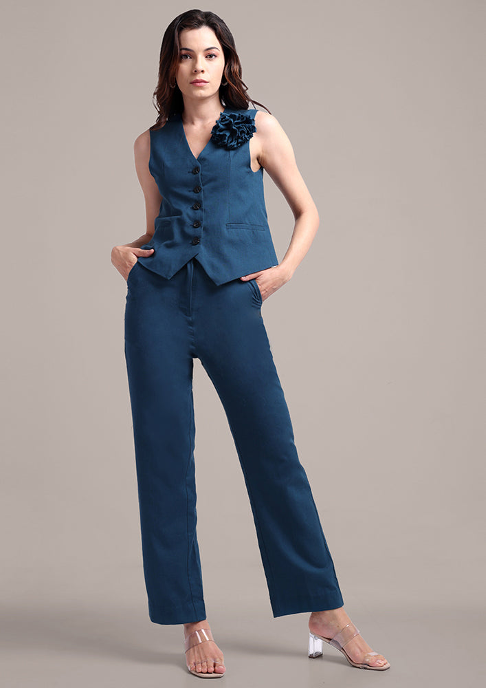 Teal Blue Sleeveless Front Button-Up Vest With High Waisted Pants