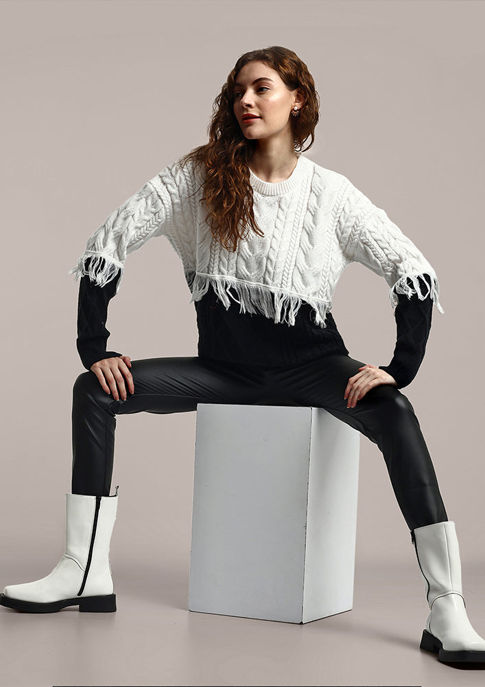 Black And White Oversized Cable Knit Pullover