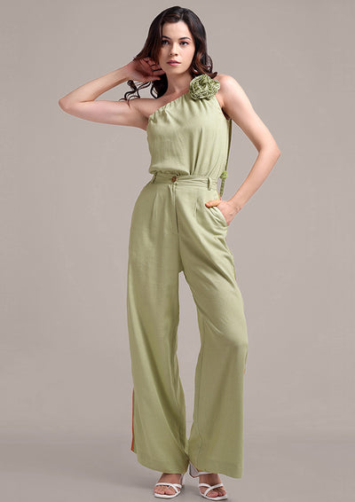 Pastel Green Tie Up Top With High Waisted Side Striped Pants