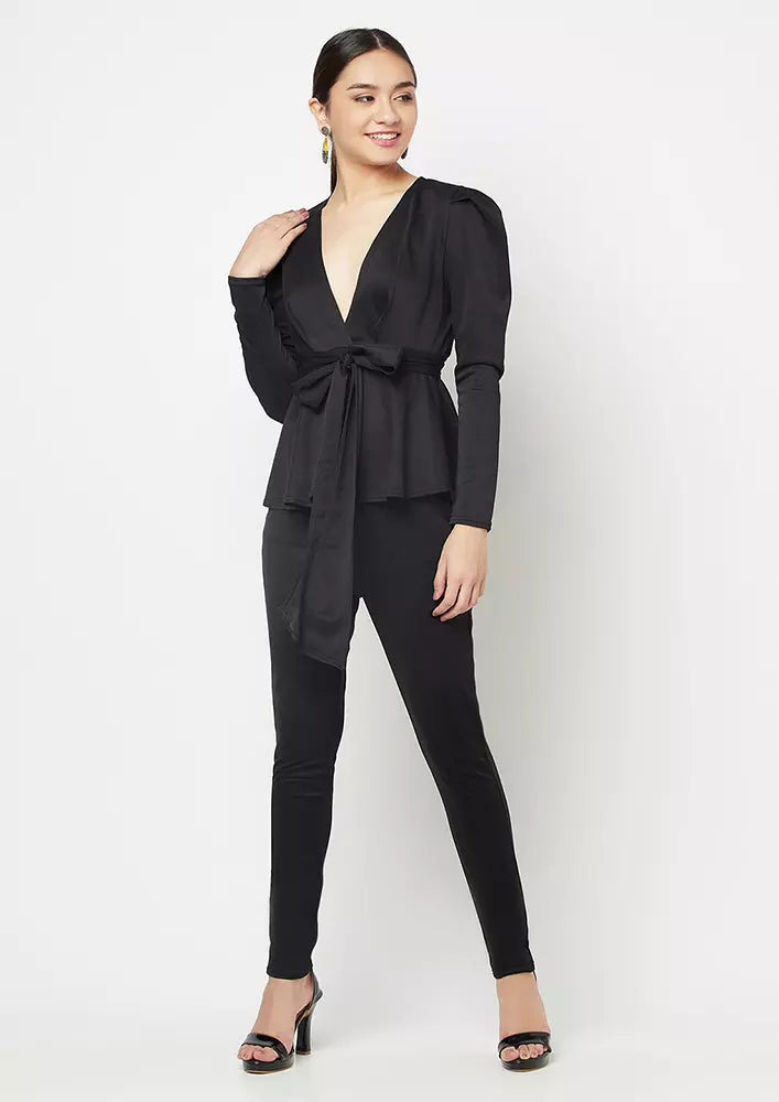 Black Peplum Belted Top And Skin Fit Pants Set