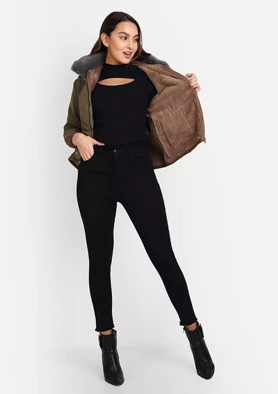 Brown Suede Jacket With Contrast Faux Fur Collar