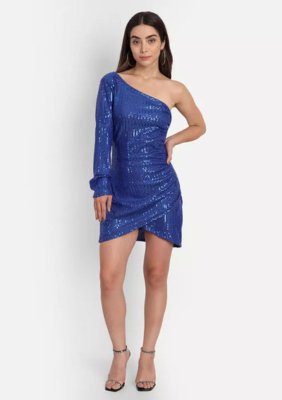 Blue Sequin One Shoulder Bodycon Dress