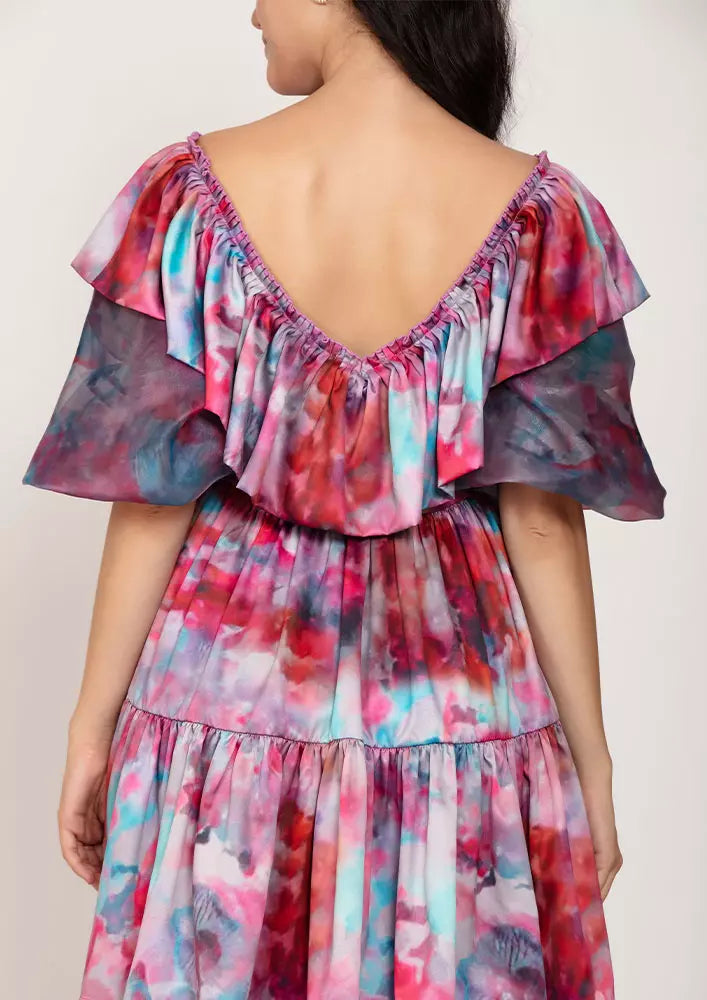 Marble Tie-Dye Print Plunge Neck Ruffle Tiered Dress