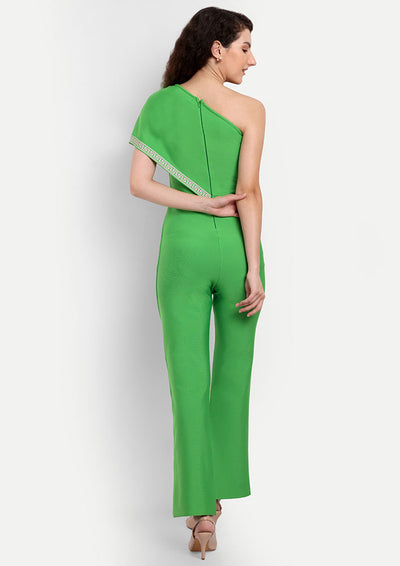 Green One-Shoulder Jumpsuit With Overlap Design And Contrast Tape Detailing