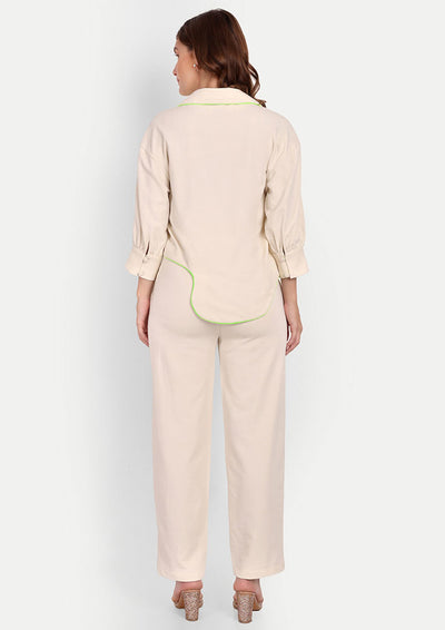 Off-White And Neon Colorblock Asymmetric Shirt And High Waisted Pants