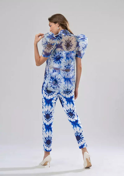 Three Piece Blue Splash Print Organza Puff Sleeve Shirt And Straight Pants With Tube Inner