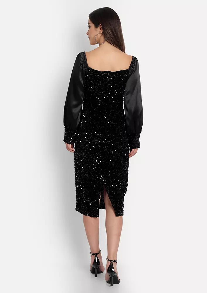 Black Sequined Long Puff Sleeve Midi Dress