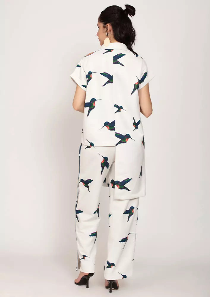 Bird Print Oversize Asymmetric Shirt And Wide Leg Pants Set