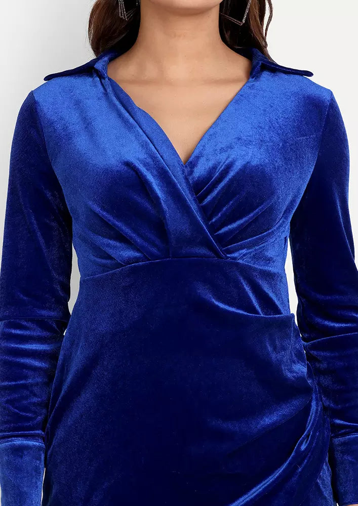Blue Velvet Shirt Collar Long Sleeve Mini Dress