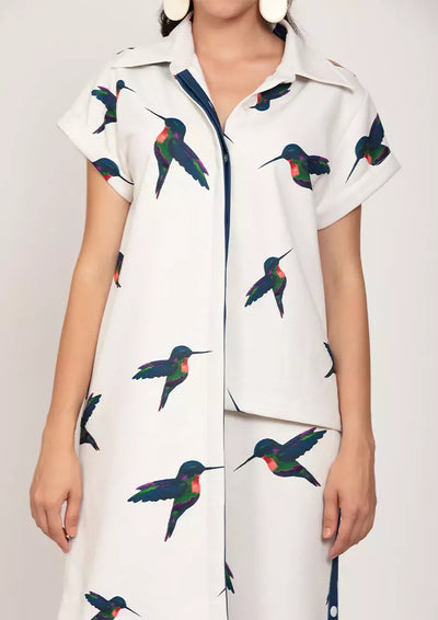 Bird Print Oversize Asymmetric Shirt And Wide Leg Pants Set