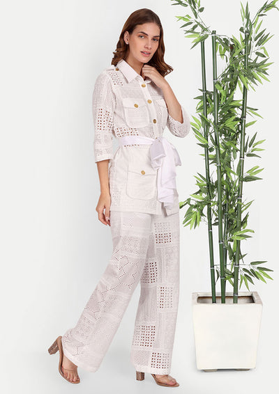 White Schiffli Lace Front Button Up Shirt And High Waisted Lace Pants