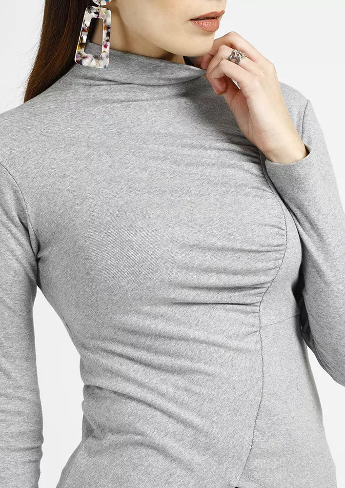 Asymmetrical Ruched Long Sleeve Top grey