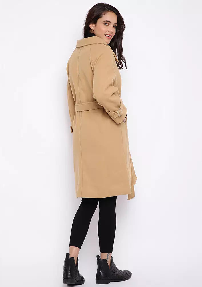 Brown woollen full sleeves longline coat