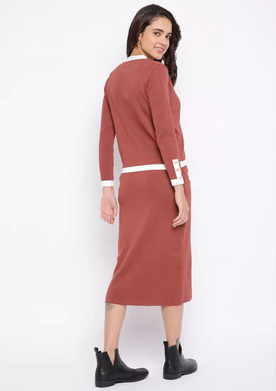 Brown Front Button Colorblocked Cardigan And Pencil Skirt Set